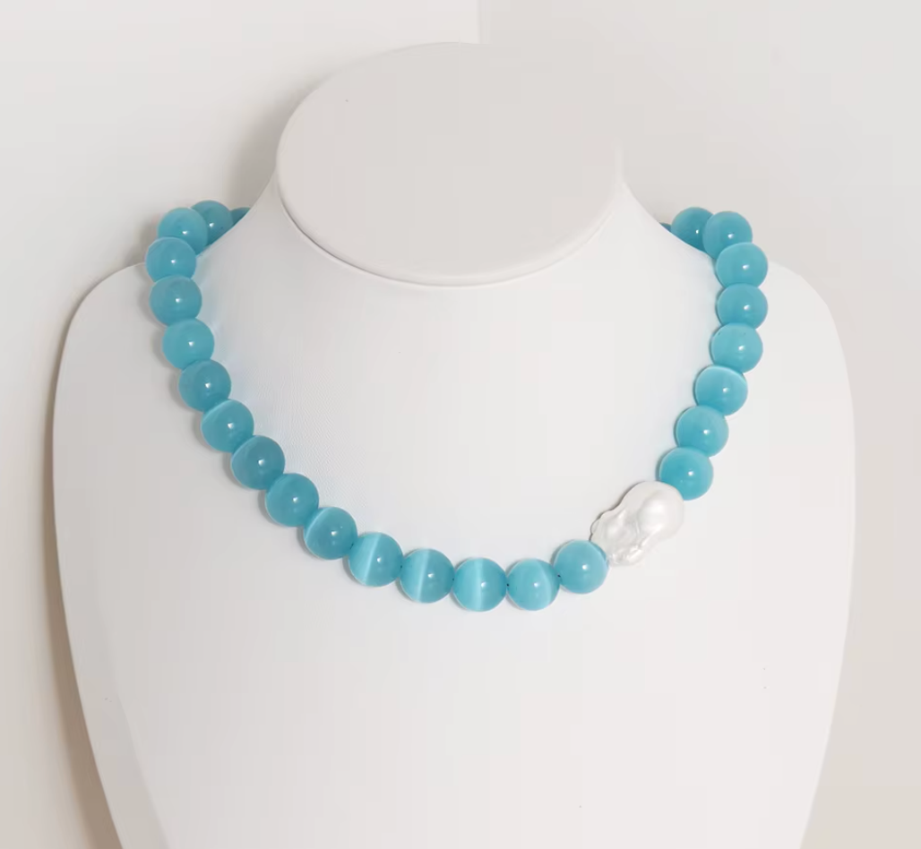 Handmade Blue Pearl Glass Cat Eye Stone Beaded Choker