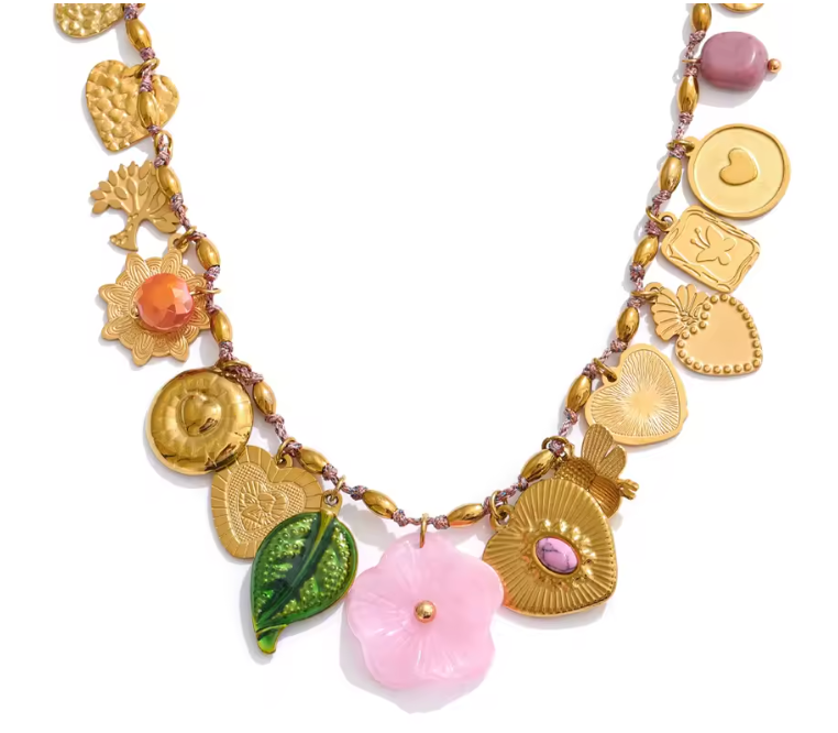 Pink Flower and Leaf Charm Necklace