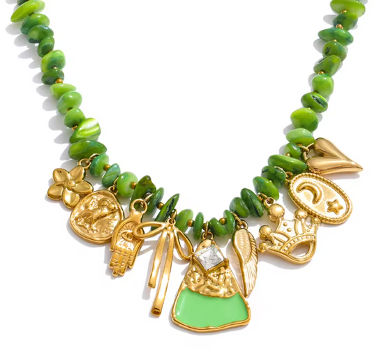 Green Shell Chain Flower Charms Pendant Drop Necklace