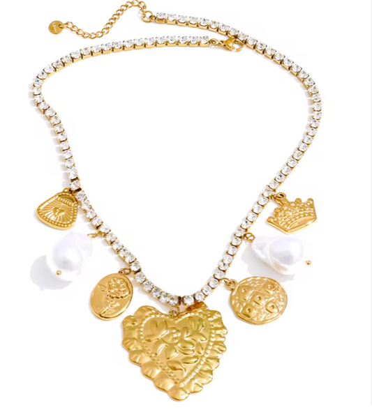 Cubic Zirconia Chain Necklace Heart Baroque Pearl Necklace