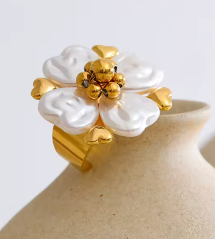 Pearl Heart Flower Adjustable Ring