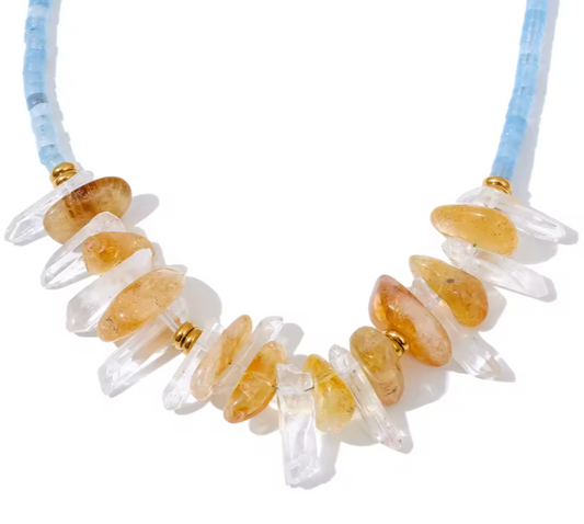 Transparent Blue Natural Stone Gold Beads Pendant Necklace