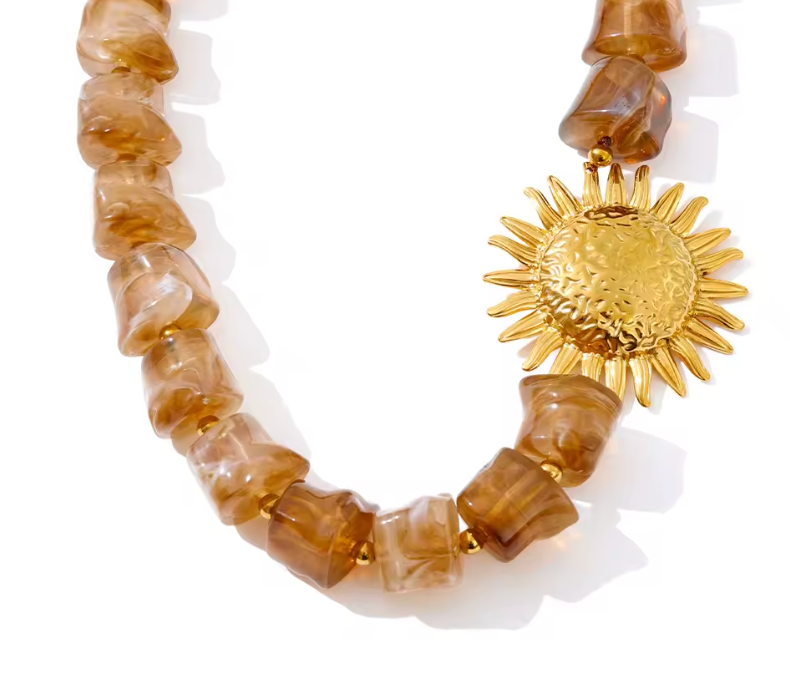 Autumn Brown Acrylic Bead with Gold Sun Necklace