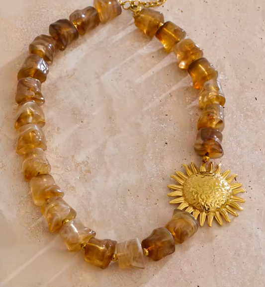 Autumn Brown Acrylic Bead with Gold Sun Necklace