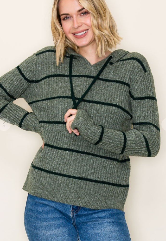Drawstring Striped Hoodie Sweater