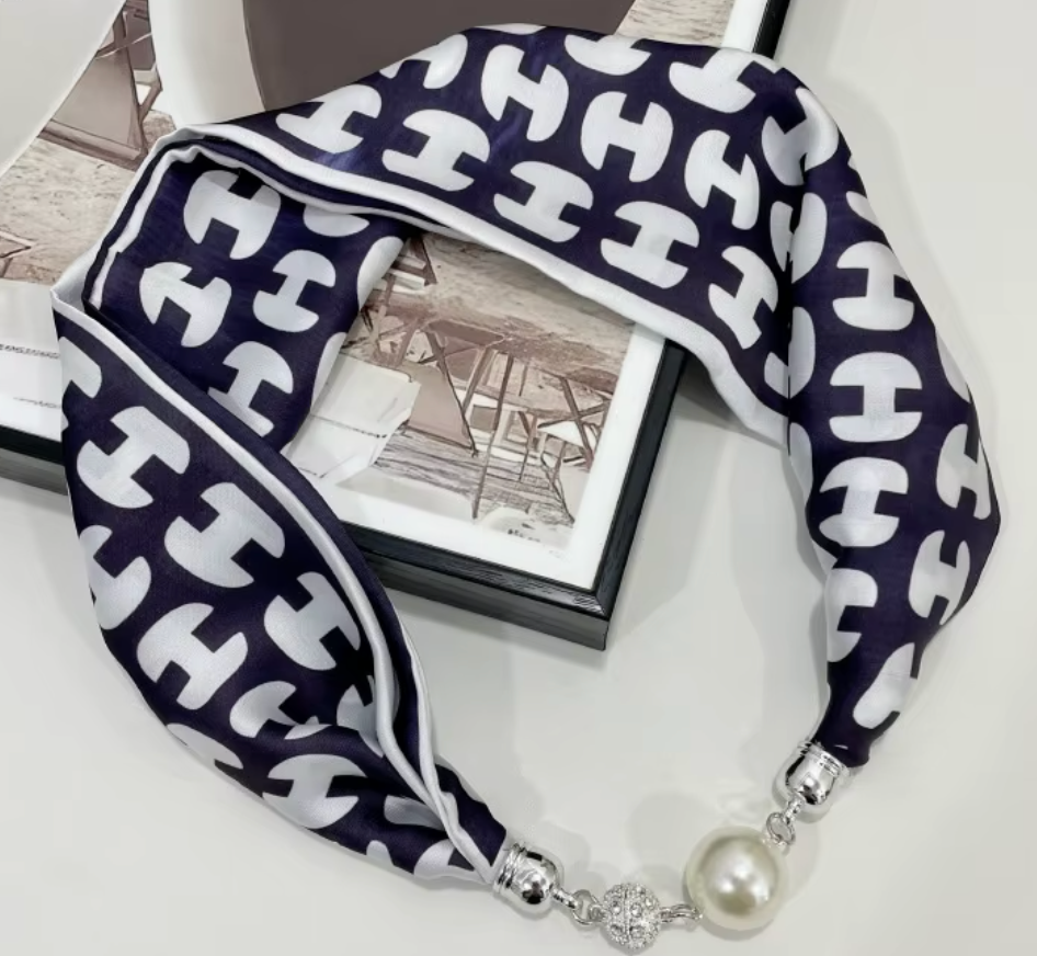 Silk Scarf Magnetic Closure Necklace - Navy Blue