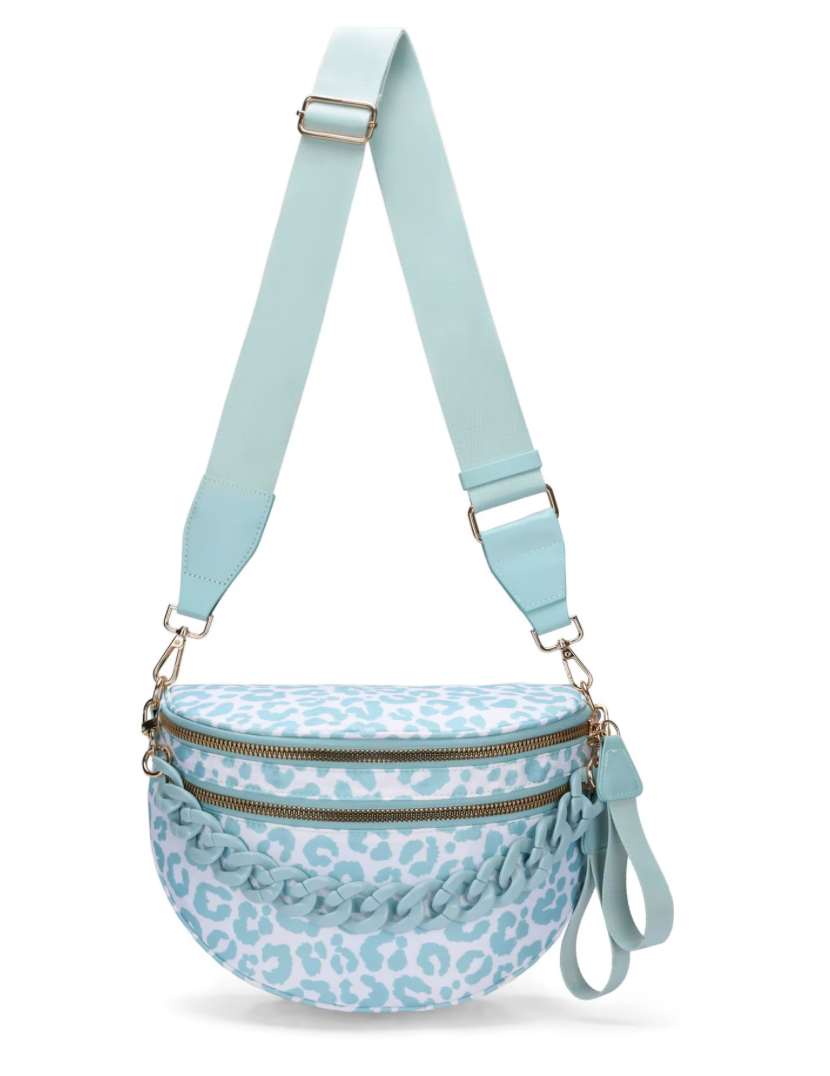 Oversized Nylon Double Zipper Leopard Crossbody in MINT