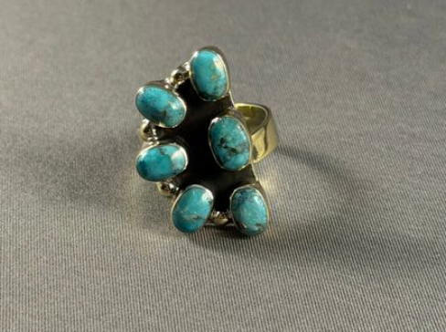Brass Turquoise Half Chunky cluster adjustable ring