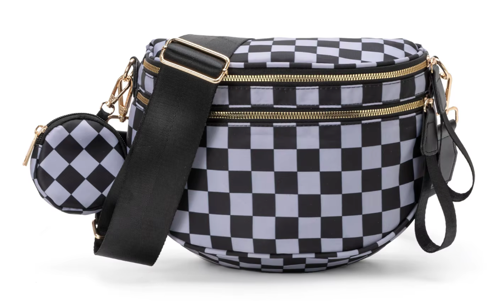 Nylon Bum Bag / Fanny Pack Black & Grey Plaid