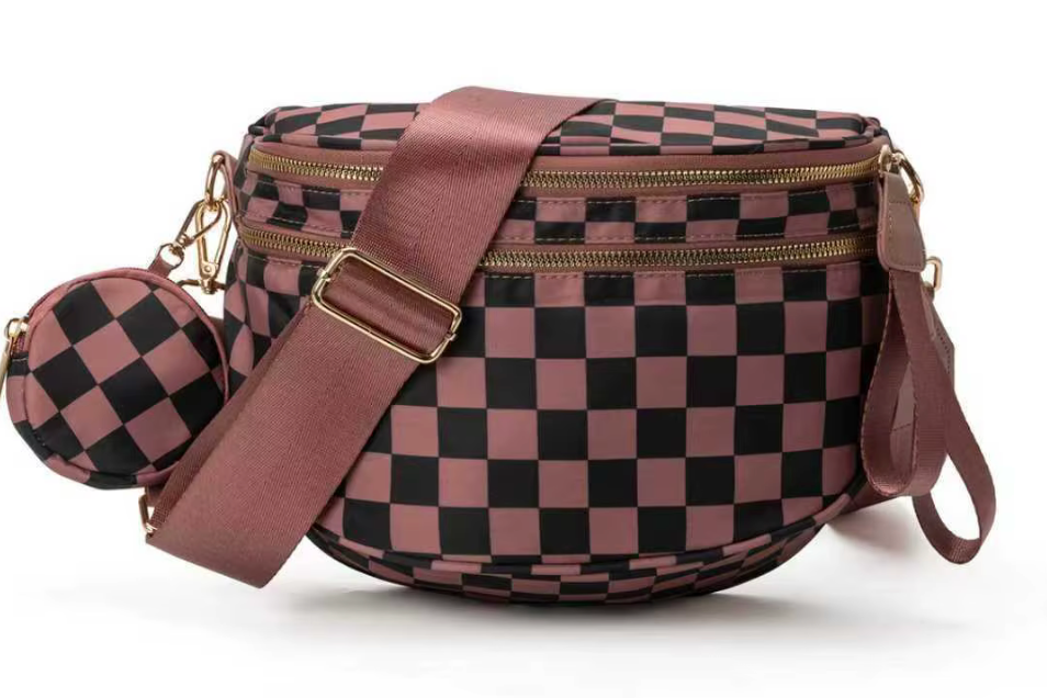 Nylon Bum Bag / Fanny Pack Dark Brown Plaid
