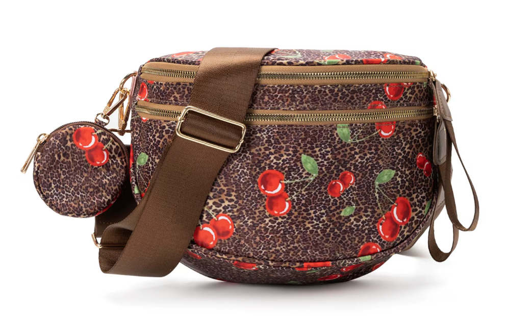 Nylon Bum Bag / Fanny Pack Brown Leopard with Cherries