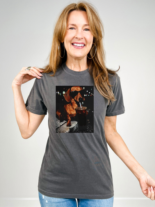Dachshund Drinking Iced Coffee Graphic Tee