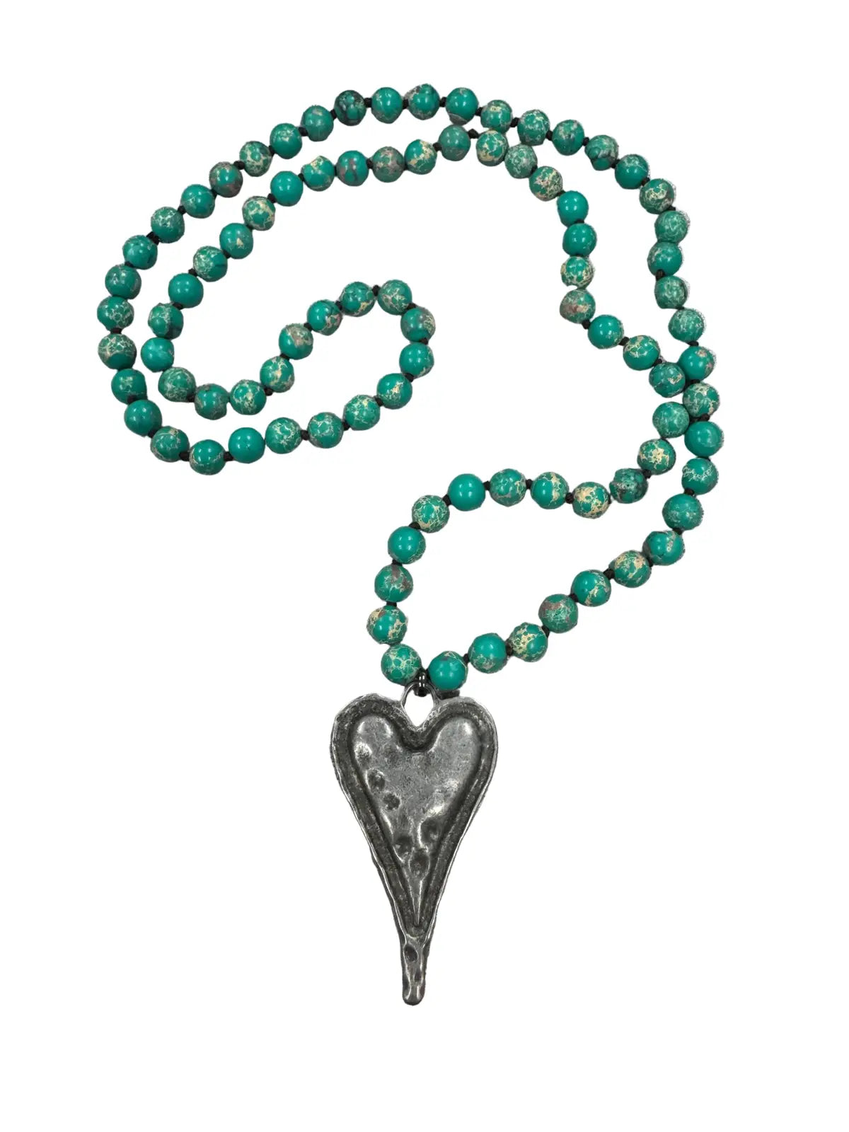Stone Beaded Hammered Heart Pendant Necklace - GRP A