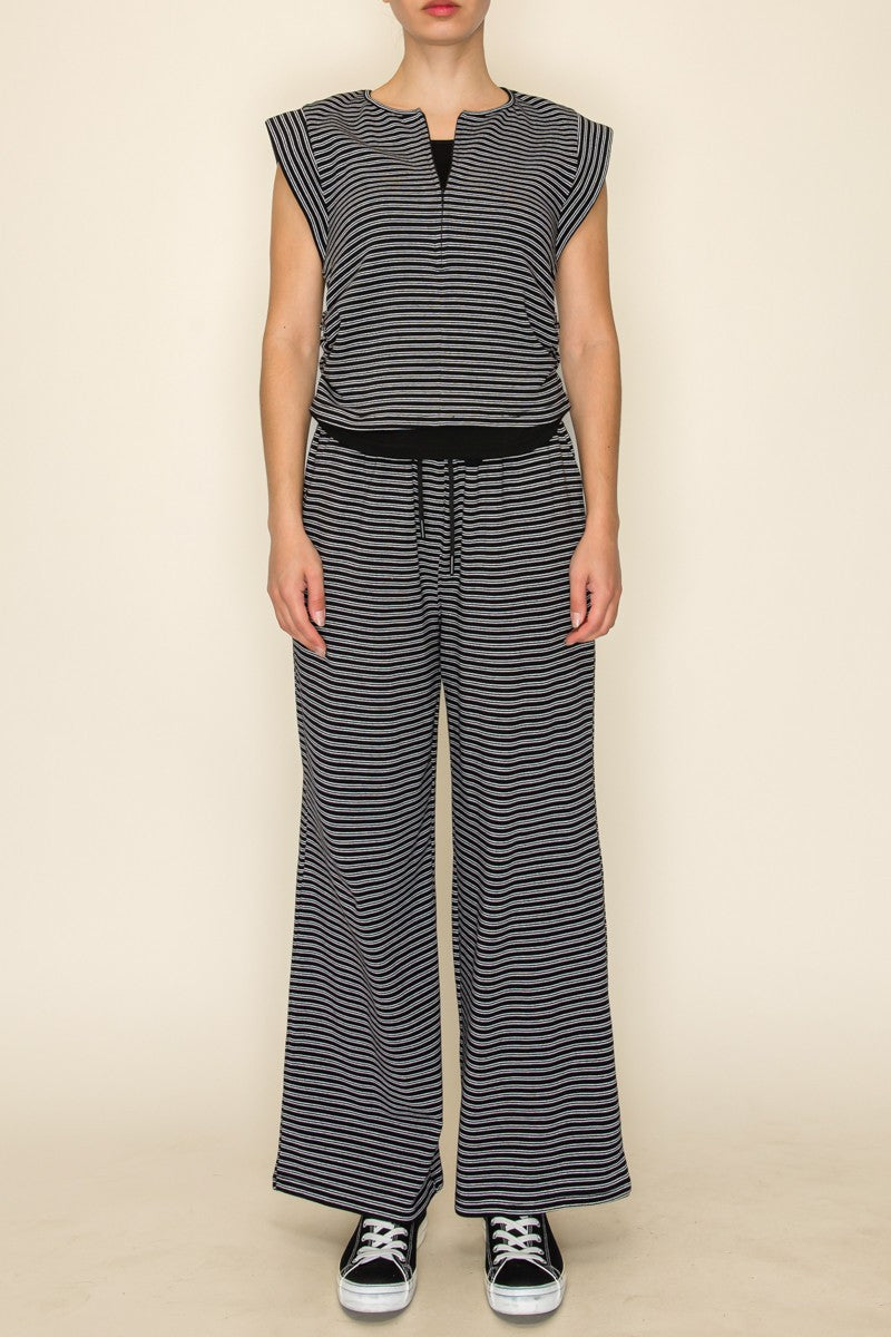 Striped Sleeveless Mini Zip V Neck Set