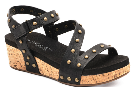 Corkys Revolve Wedge Sandals with Metal Stud Embellishments in Black - 30A