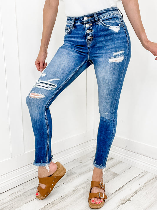 Vervet High Rise Patched Button Up Skinny Jean