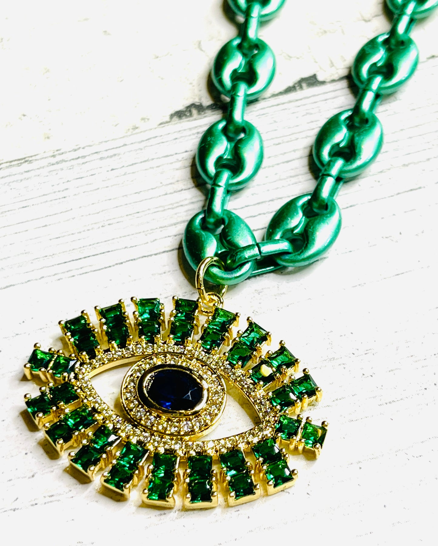 Metallic Green Evil Eye Necklace