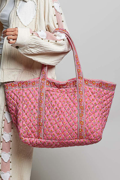 Quilted Tote Bag in Pink Yellow Multi