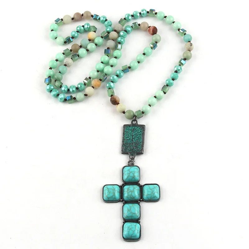 Boho 8MM Beaded Turquoise Cross Necklace
