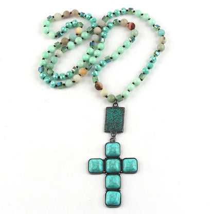 Boho 8MM Beaded Turquoise Cross Necklace