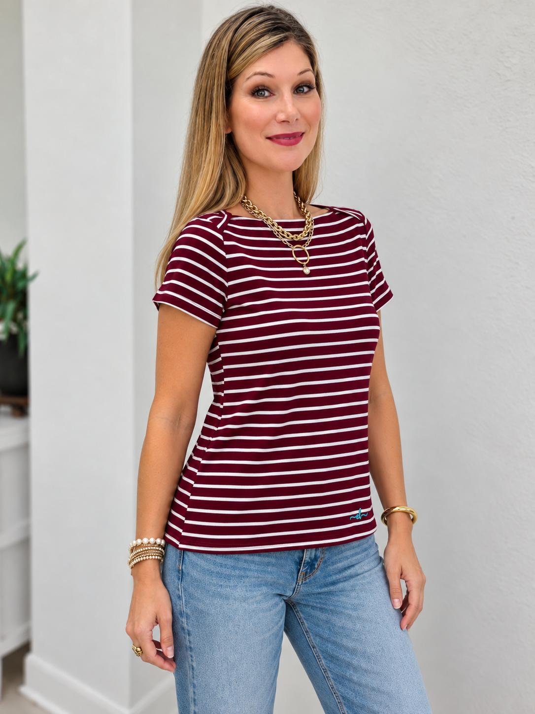 The Classic Charm Short Sleeve Boat Neck Top - Autumn Arrivals