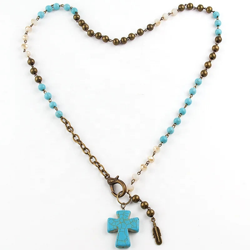 Bronze Beaded Feather and Cross Necklace