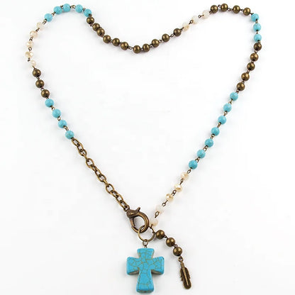 Bronze Beaded Feather and Cross Necklace