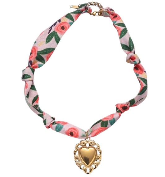 Silk Necklace Floral with Heart Charm