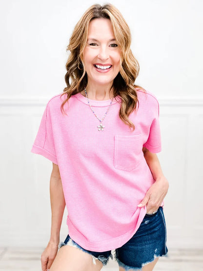 Oversized Vintage Wash Waffle Knit Top with Front Pocket