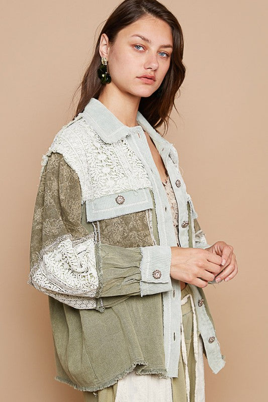 Vintage washed crochet contrast twill jacket