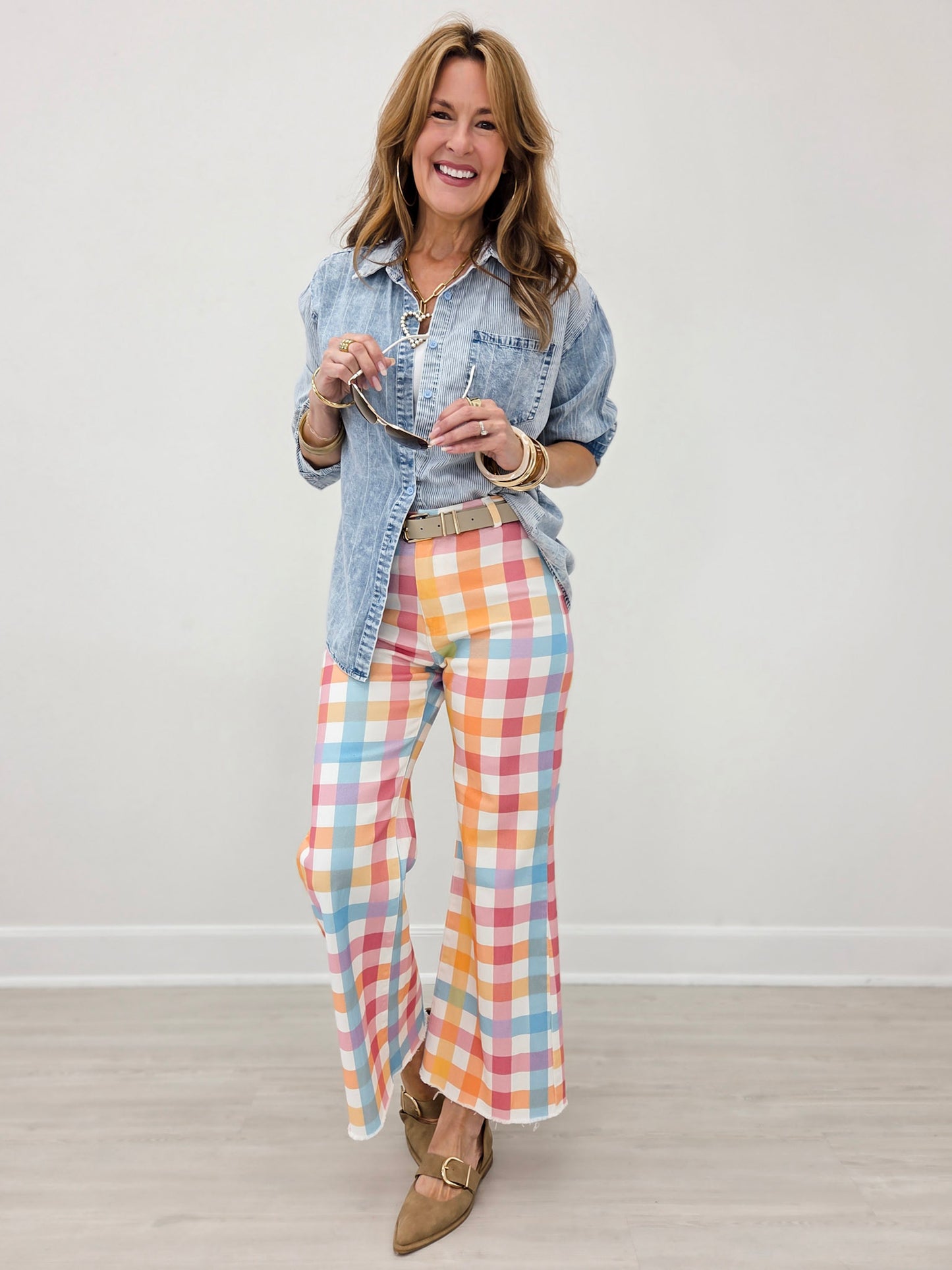 Comfort Stretch Gingham Wide Leg Jean-Pastel Multi
