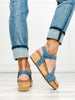 Corkys Revolve Wedge Sandals with Metal Stud Embellishments in Blue Denim