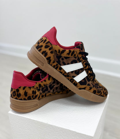 Double Stripe Design Court Sneakers in Camel Leopard & Red