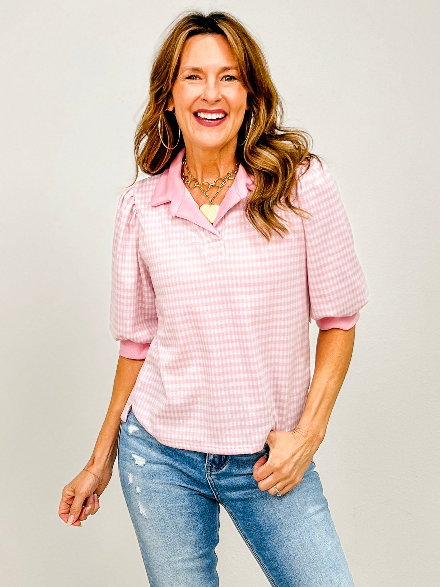 Gingham Top with Solid Accent Collar