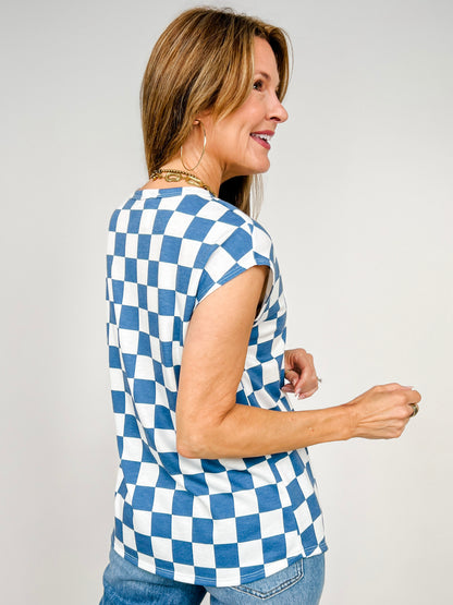 Short Sleeve Checkered Print Casual Knit Tee