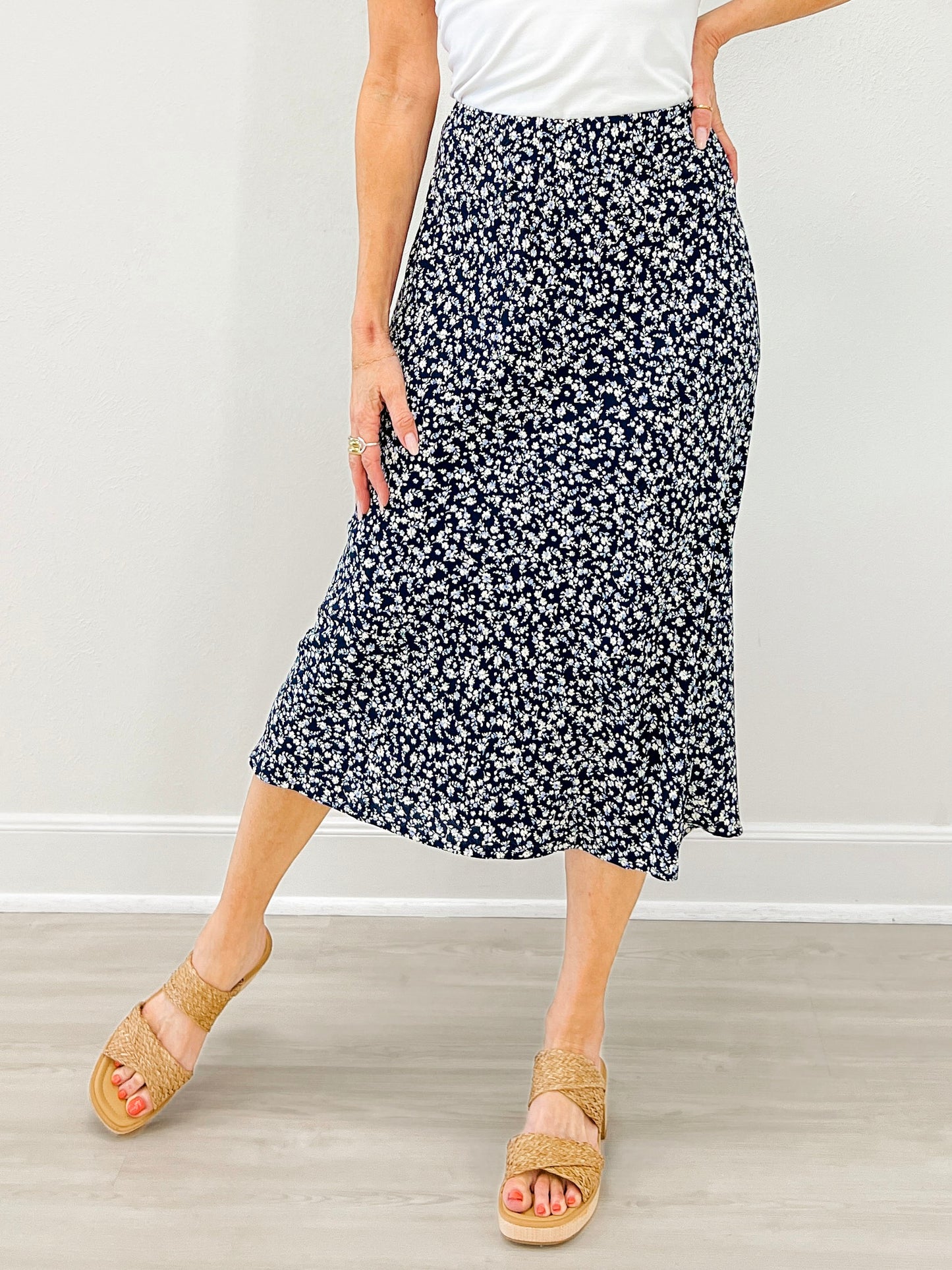 Floral Print Midi Elastic Waistband Skirt