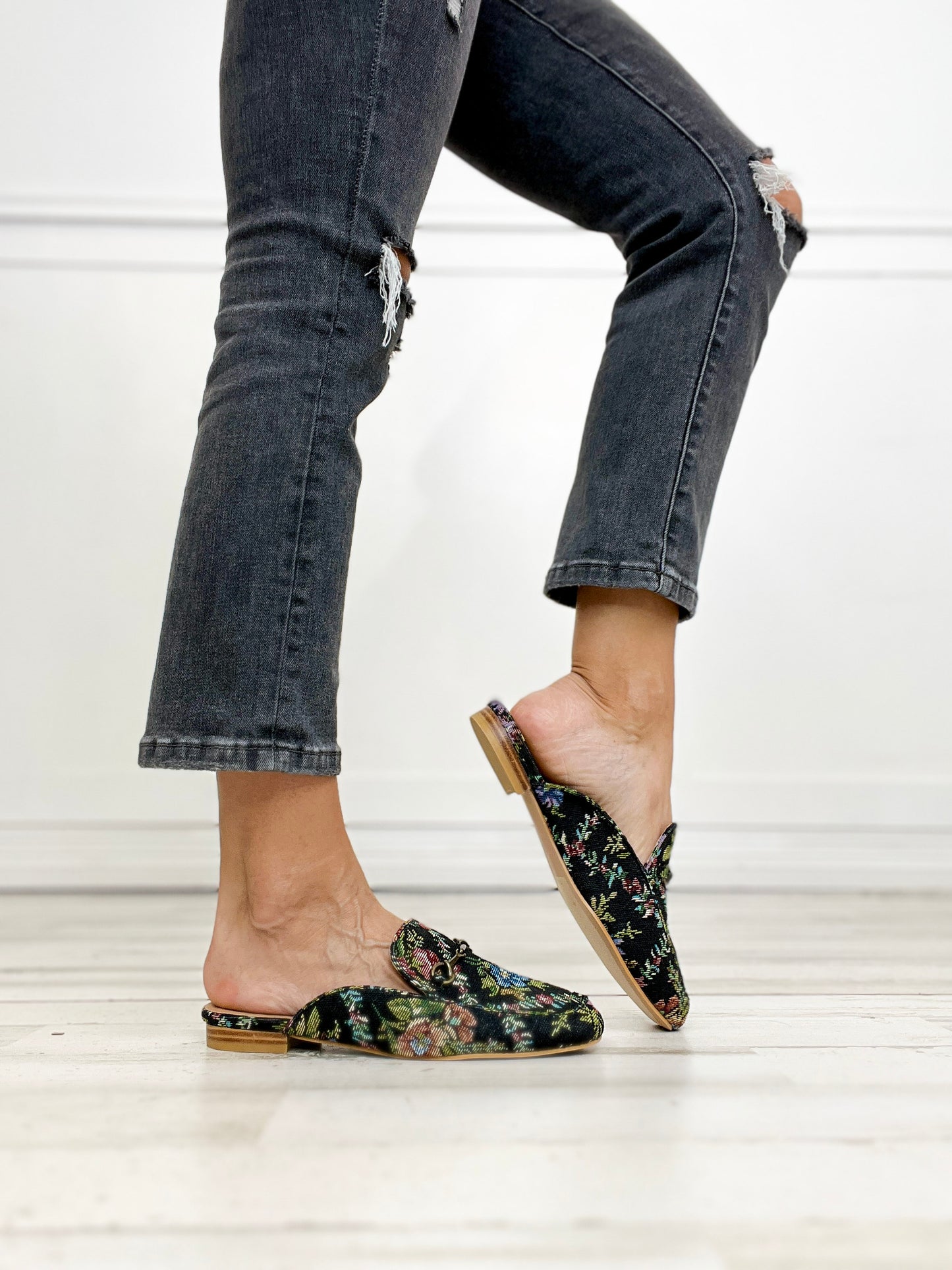 Corkys Charmer Loafer Slides in BLACK BROCADE FLORAL