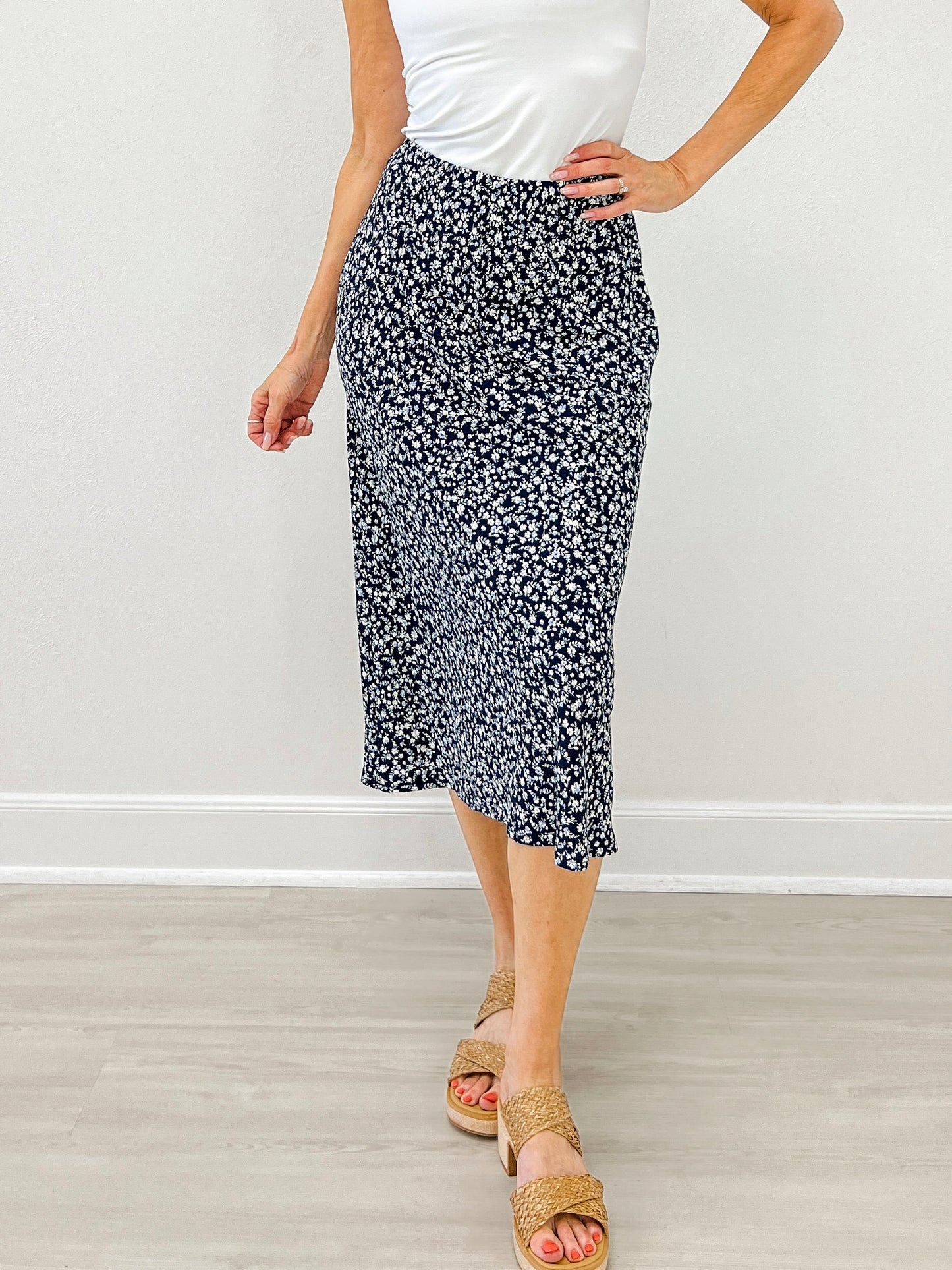 Floral Print Midi Elastic Waistband Skirt
