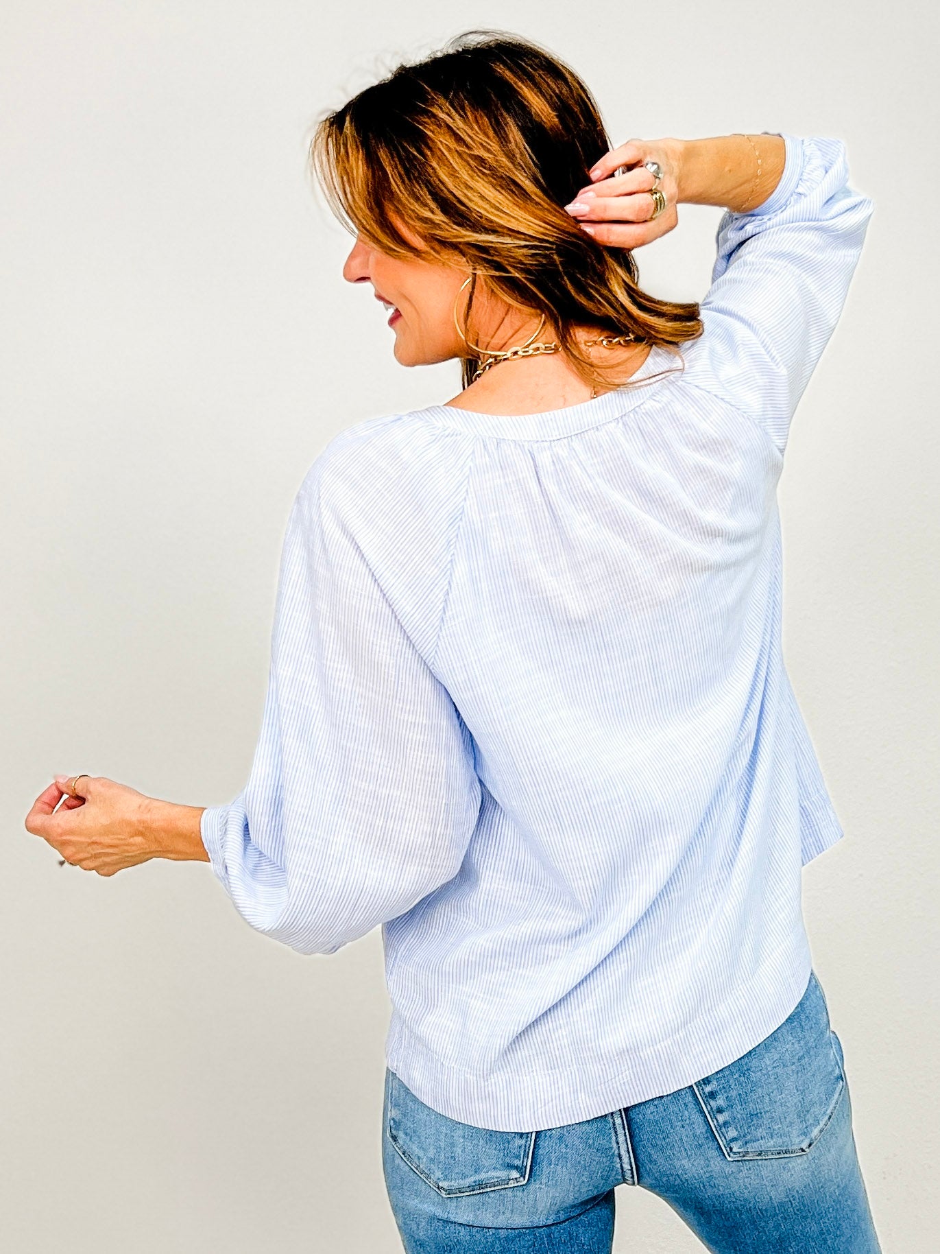 3/4 Balloon Sleeve Button Up Peasant Top