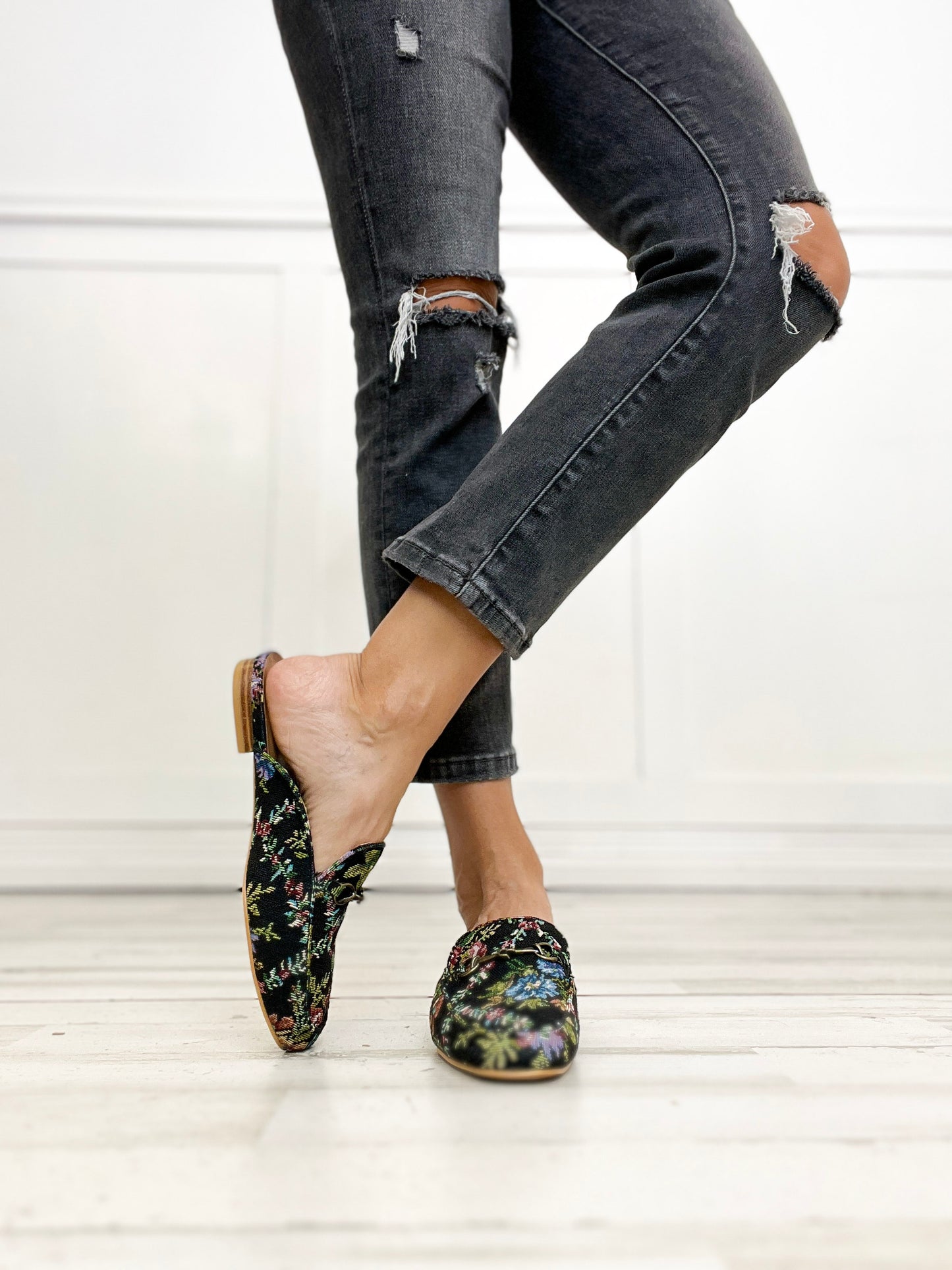 Corkys Charmer Loafer Slides in BLACK BROCADE FLORAL