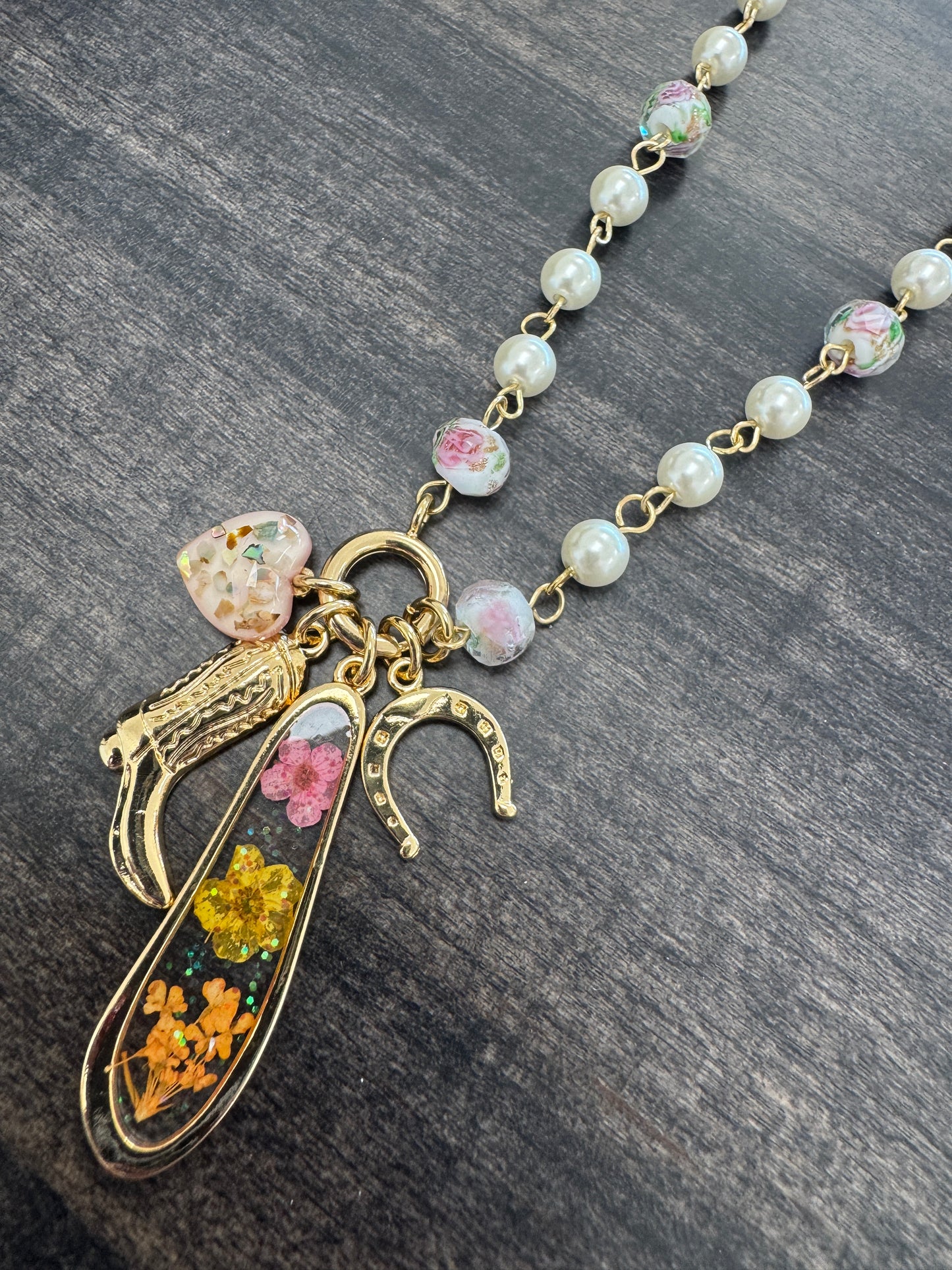 Pearl and Gold Necklace with Western and Floral Charms