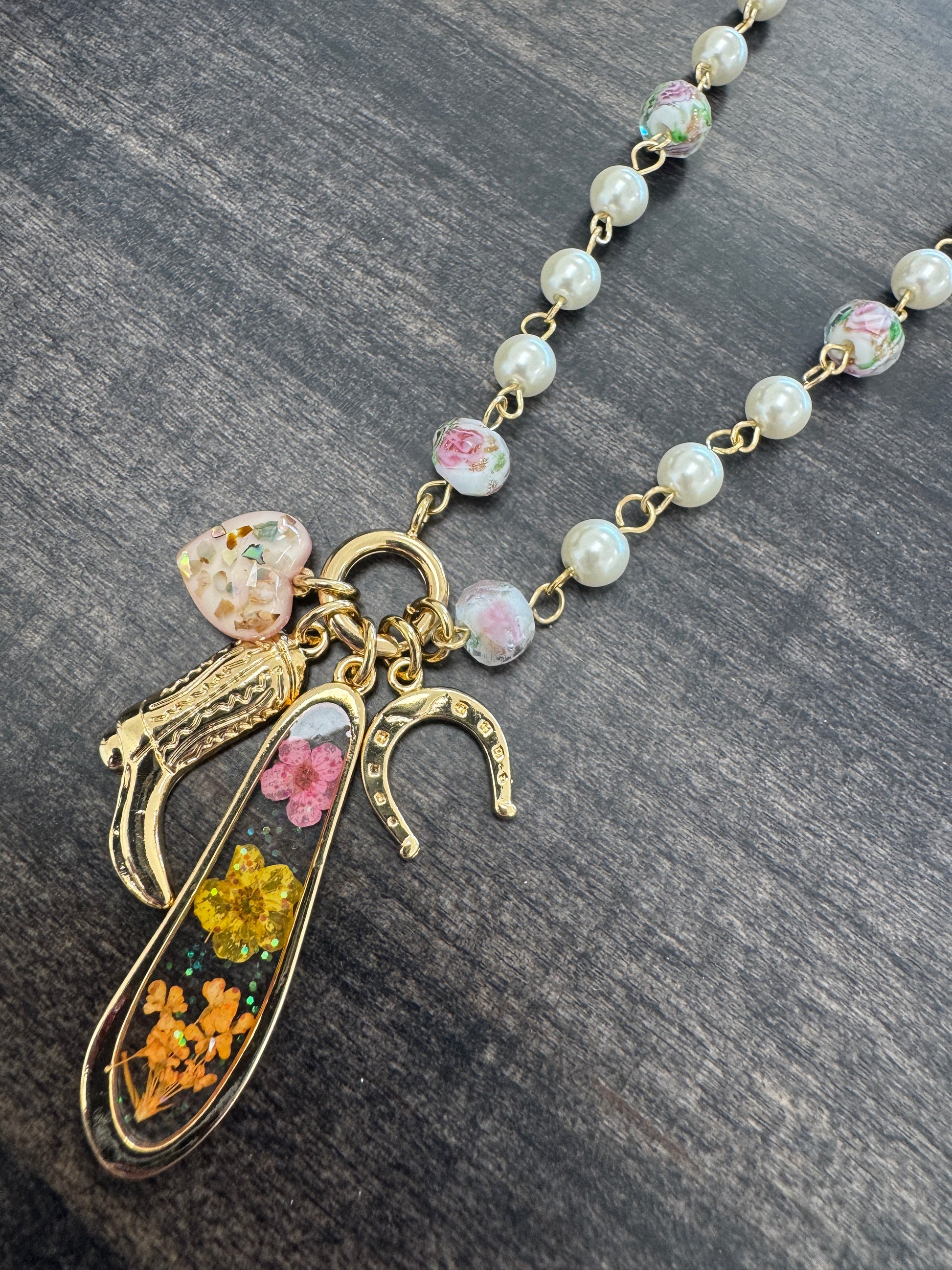 Pearl and Gold Necklace with Western and Floral Charms