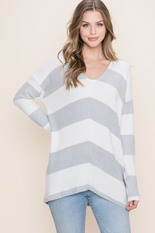 Striped Hacci Long Sleeve V-Neck Top