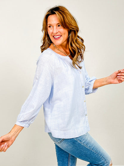3/4 Balloon Sleeve Button Up Peasant Top