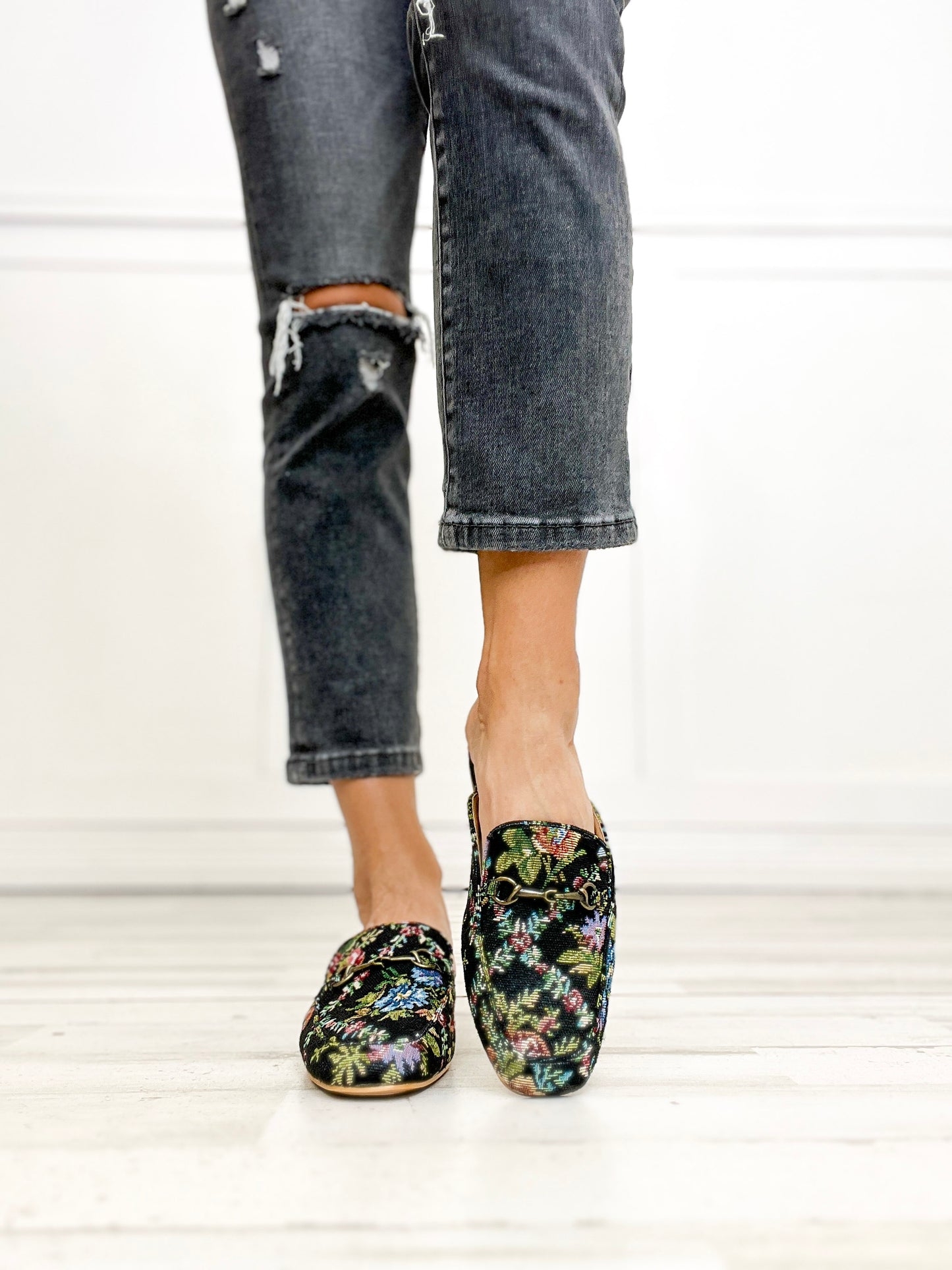 Corkys Charmer Loafer Slides in BLACK BROCADE FLORAL