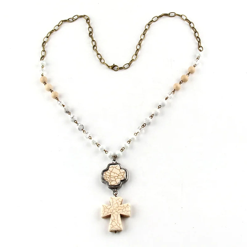 8mm Beaded Rosary Chain Stone Pendant Necklace