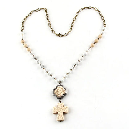 8mm Beaded Rosary Chain Stone Pendant Necklace