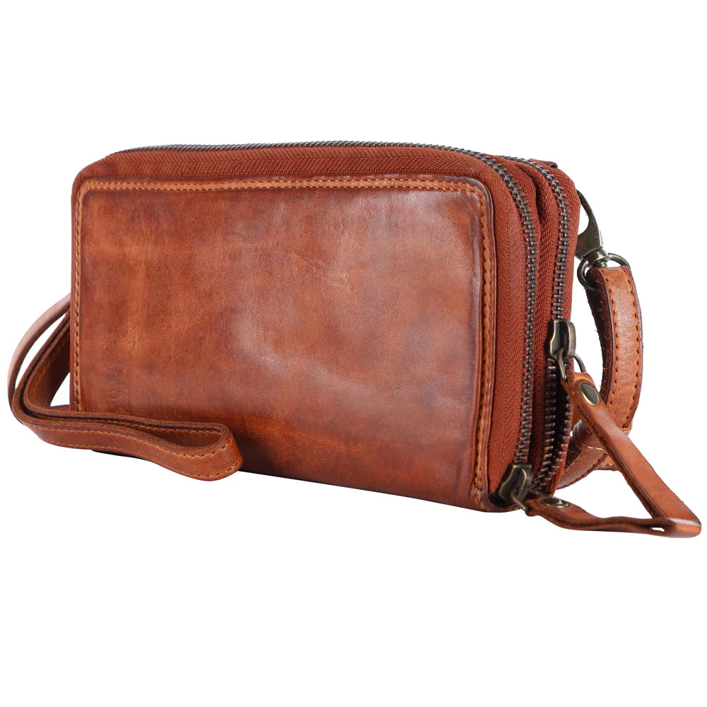 Genuine Leather Double Zip Wallet Crossbody