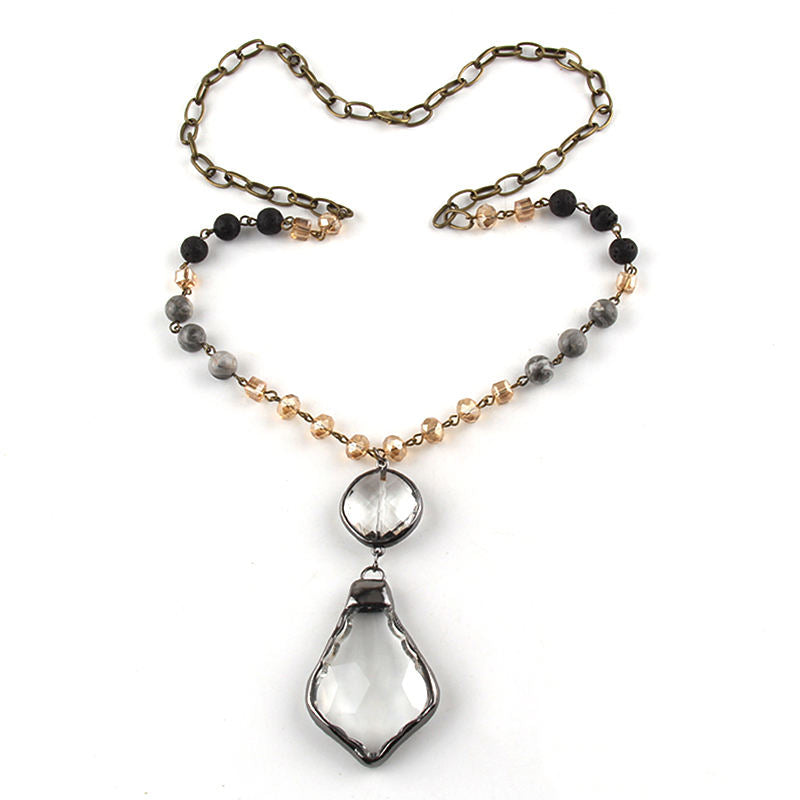 Mixed Bead Double Drop Pendant Necklace