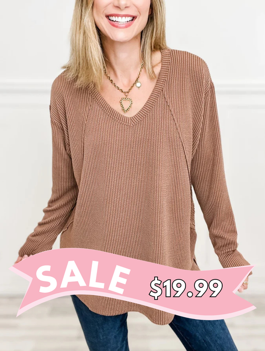 Long Sleeve Curly Rib Fabric V-Neck Top - Group B